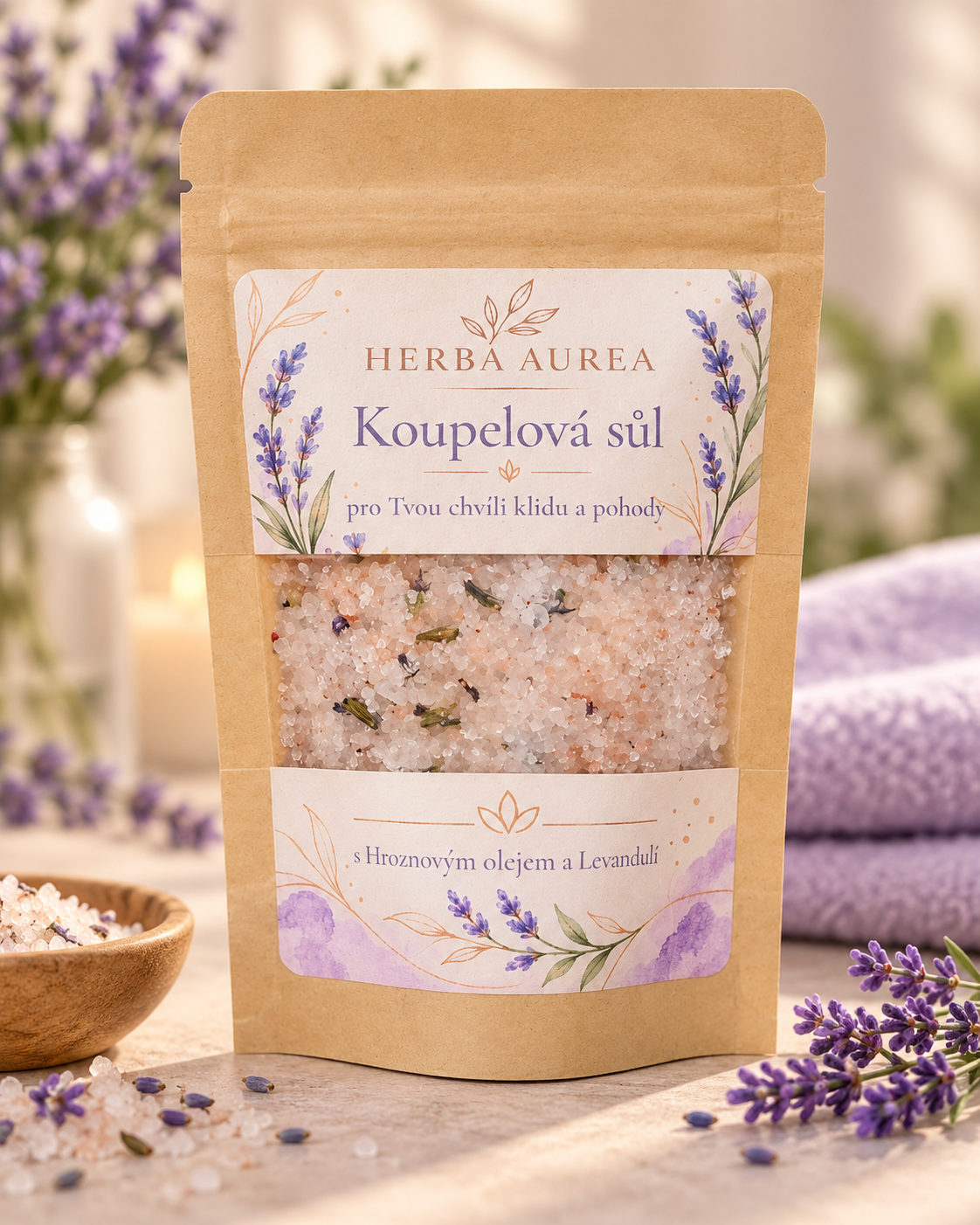 Levandulová koupelová sůl HERBA AUREA s hroznovým olejem, himalájskou a epsomskou solí, 100 g v přírodním sáčku